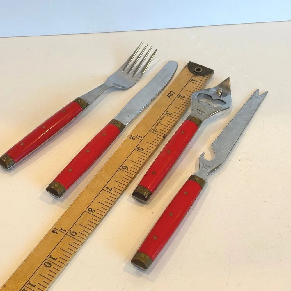 Vtg Melron Flatware Bistro Pattern Red Brass Bottle Opener Fork Knife‎ Stainless